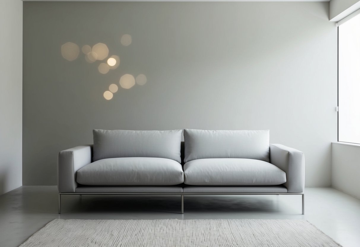 Ein elegantes, minimalistisches Sofa steht in einem spärlich dekorierten Raum mit klaren Linien und neutralen Farben.