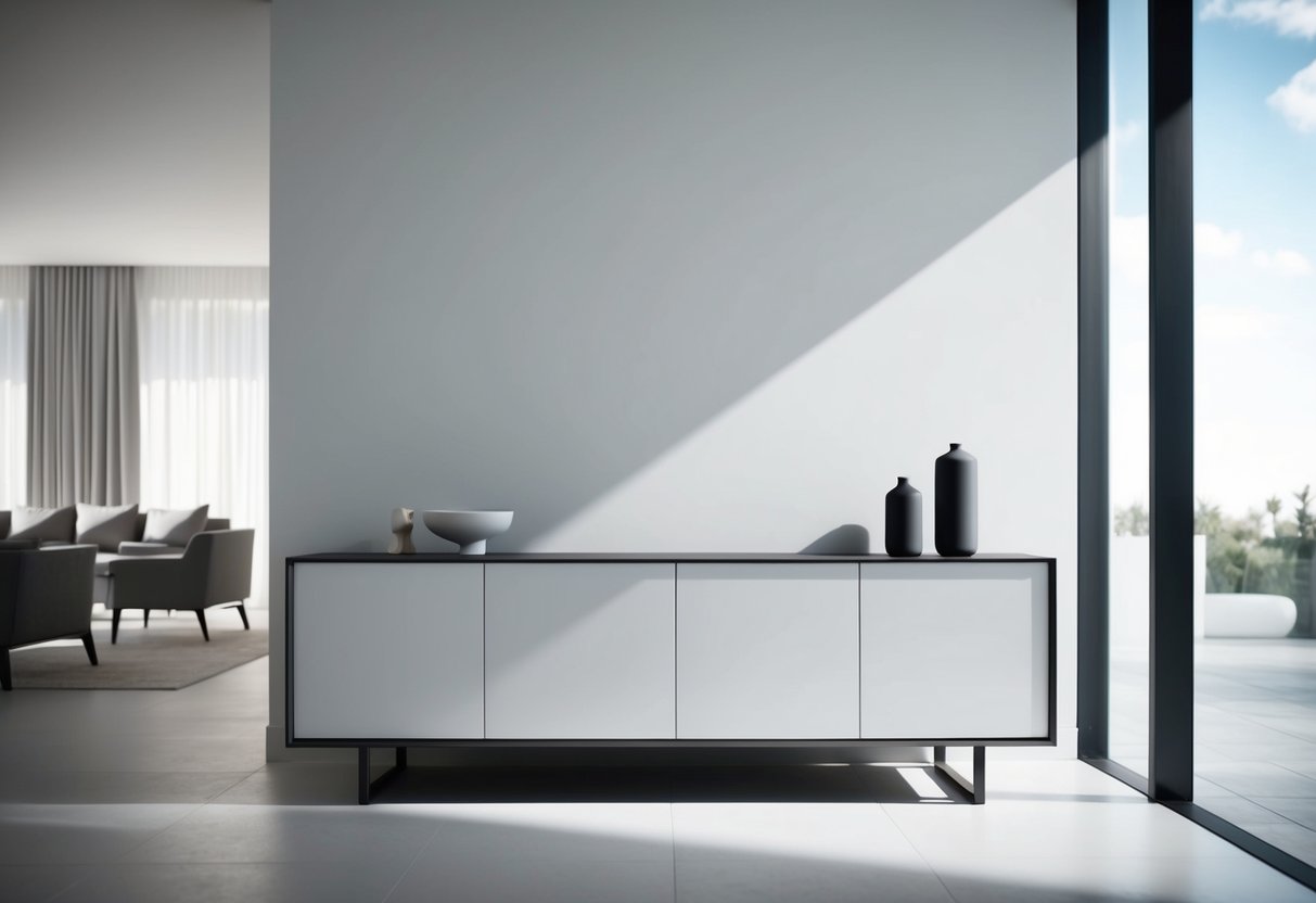 Ein schlankes, minimalistisches Sideboard mit klaren Linien und einfachem Design, platziert in einem modernen, aufgeräumten Raum mit viel natürlichem Licht.