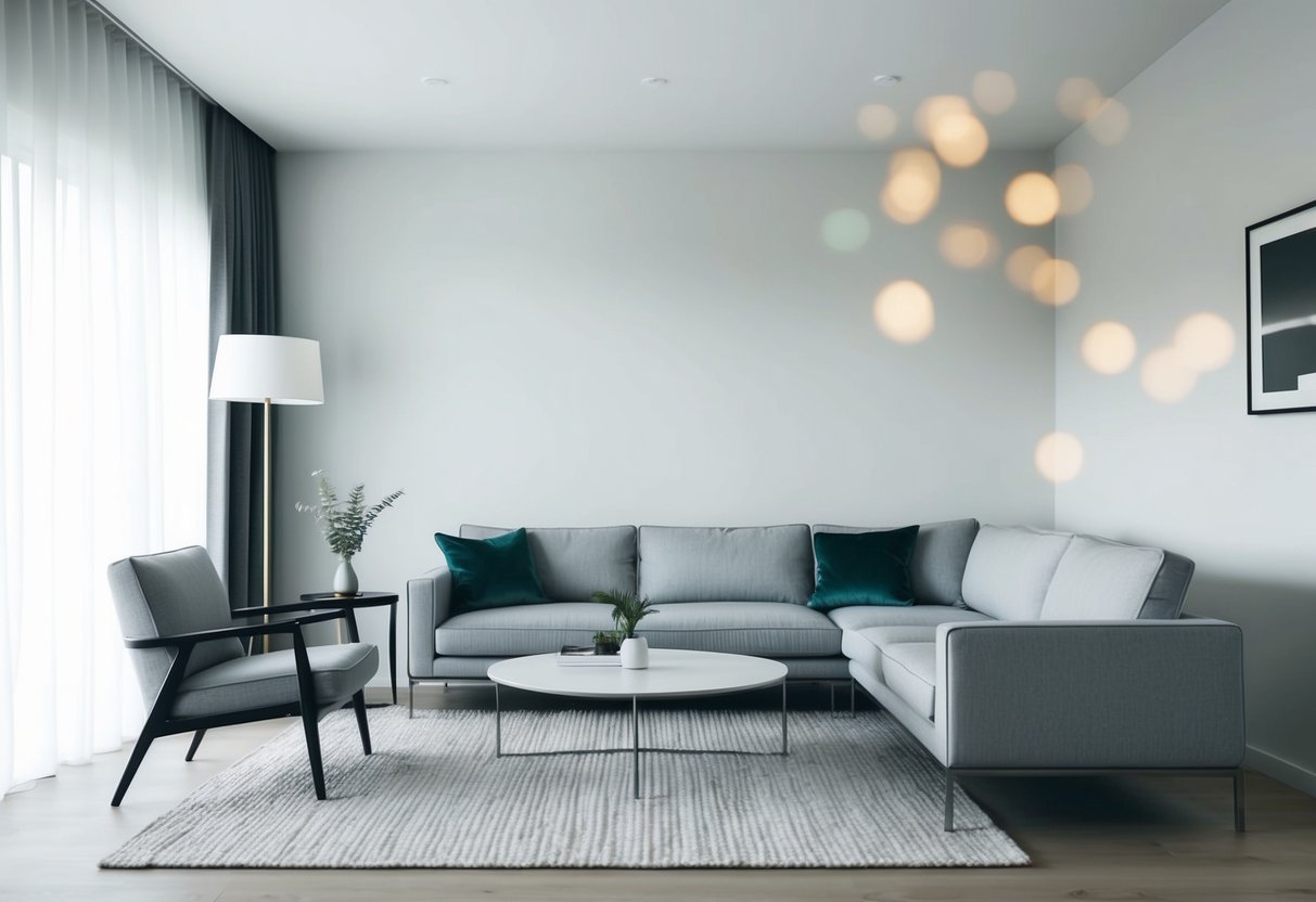 Ein modernes Wohnzimmer mit klaren Linien und einfacher Möbeln, das ein elegantes Sofa, einen minimalistischen Couchtisch und einige sorgfältig ausgewählte dekorative Akzente zeigt.