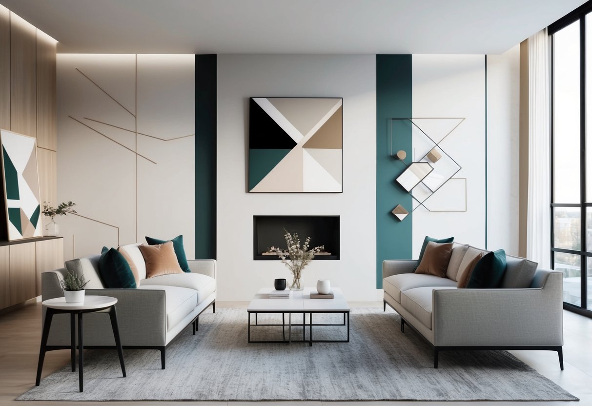 Ein modernes Wohnzimmer mit geometrischer Wandkunst in neutralen Farben, klaren Linien und minimalistischer Möbeln