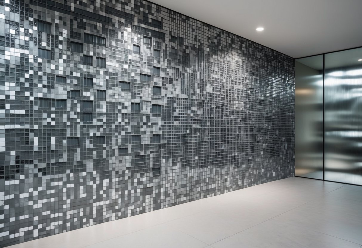 Eine moderne, minimalistische Wand, geschmückt mit Mosaikfliesen in verschiedenen Grautönen, die ein elegantes und stilvolles Design schaffen.