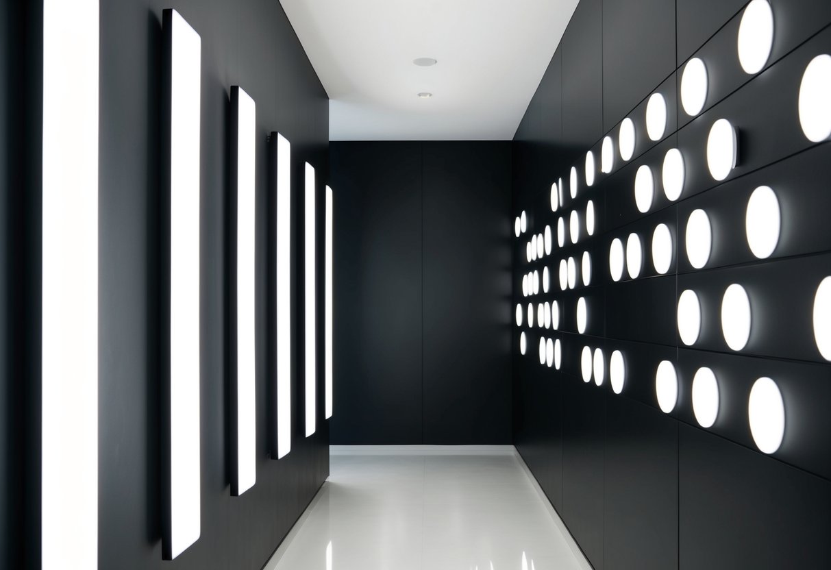 Eine elegante, moderne Wand mit 17 abstrakten LED-Lichtern in einem minimalistischen Design