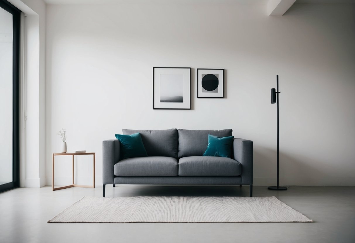 Ein kleines, modernes Sofa in einem minimalistischen Wohnzimmer mit klaren Linien and einfacher Dekoration