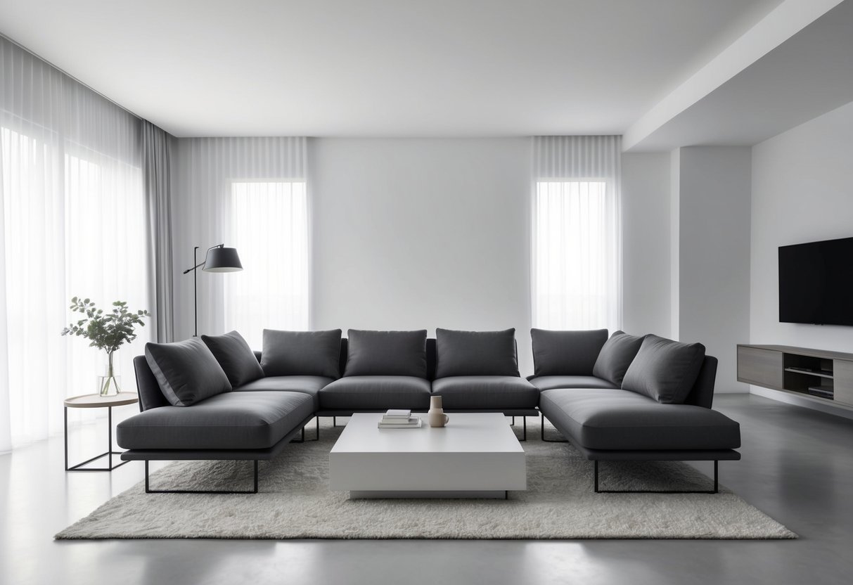 Ein minimalistisches Wohnzimmer mit einer eleganten, modernen Schlafcouch "Nest" als Mittelpunkt, umgeben von klaren Linien and einfacher Dekoration.