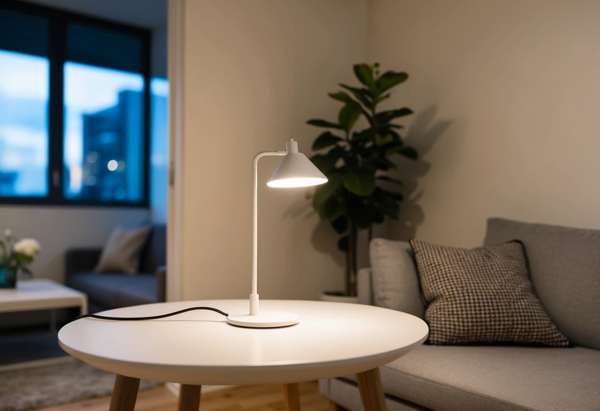 Eine kleine, minimalistische Lampe, die einen gemütlichen, kompakten Wohnraum mit modernem Mobiliar und klaren Linien beleuchtet.