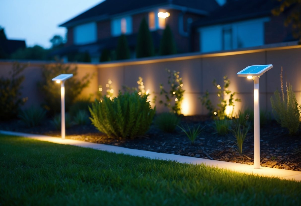 Ein Garten in der Dämmerung, beleuchtet von solarbetriebenen Lichtern. Einfaches, modernes Design mit klaren Linien und sanftem, warmem Licht, das eine ruhige Atmosphäre schafft.