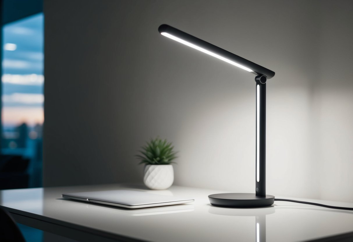 Ein schlanker, moderner Schreibtisch mit einer berührungslosen Lampe, die den Raum beleuchtet. Saubere Linien und minimalistische Dekoration schaffen eine beruhigende und stilvolle Atmosphäre.