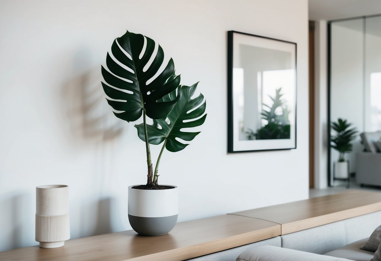 Ein modernes Wohnzimmer mit einer eleganten weißen Wand, die eine einzelne Monstera-Pflanze in einem minimalistischen Topf zeigt, umgeben von klarer, einfacher Dekoration.