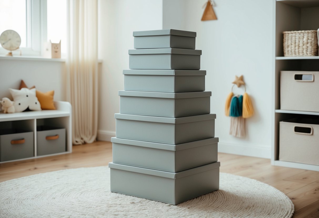 Ein Stapel minimalistischer Aufbewahrungsboxen in einem ordentlichen Kinderzimmer mit einfacher Dekoration und klaren Linien