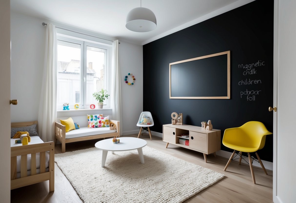 Ein minimalistisches Kinderzimmer mit magnetischer Kreidefolie an der Wand, umgeben von einfacher, moderner Möbeln und verspielter Dekoration