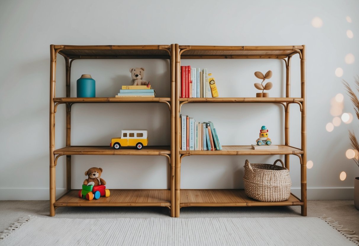 Ein Bambusregal in einem minimalistischen Kinderzimmer mit Spielzeug und einfacher Dekoration