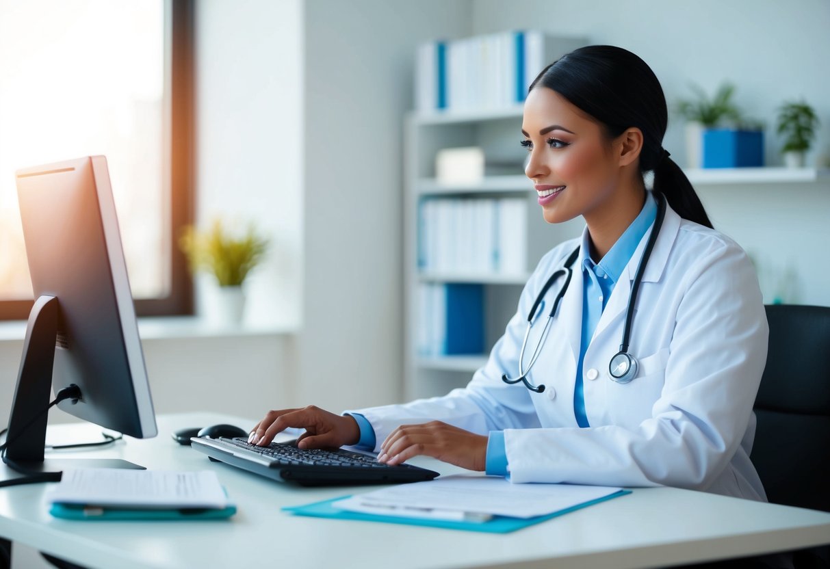 A doctor sitting at a desk, typing on a computer with a stethoscope and medical documents nearby