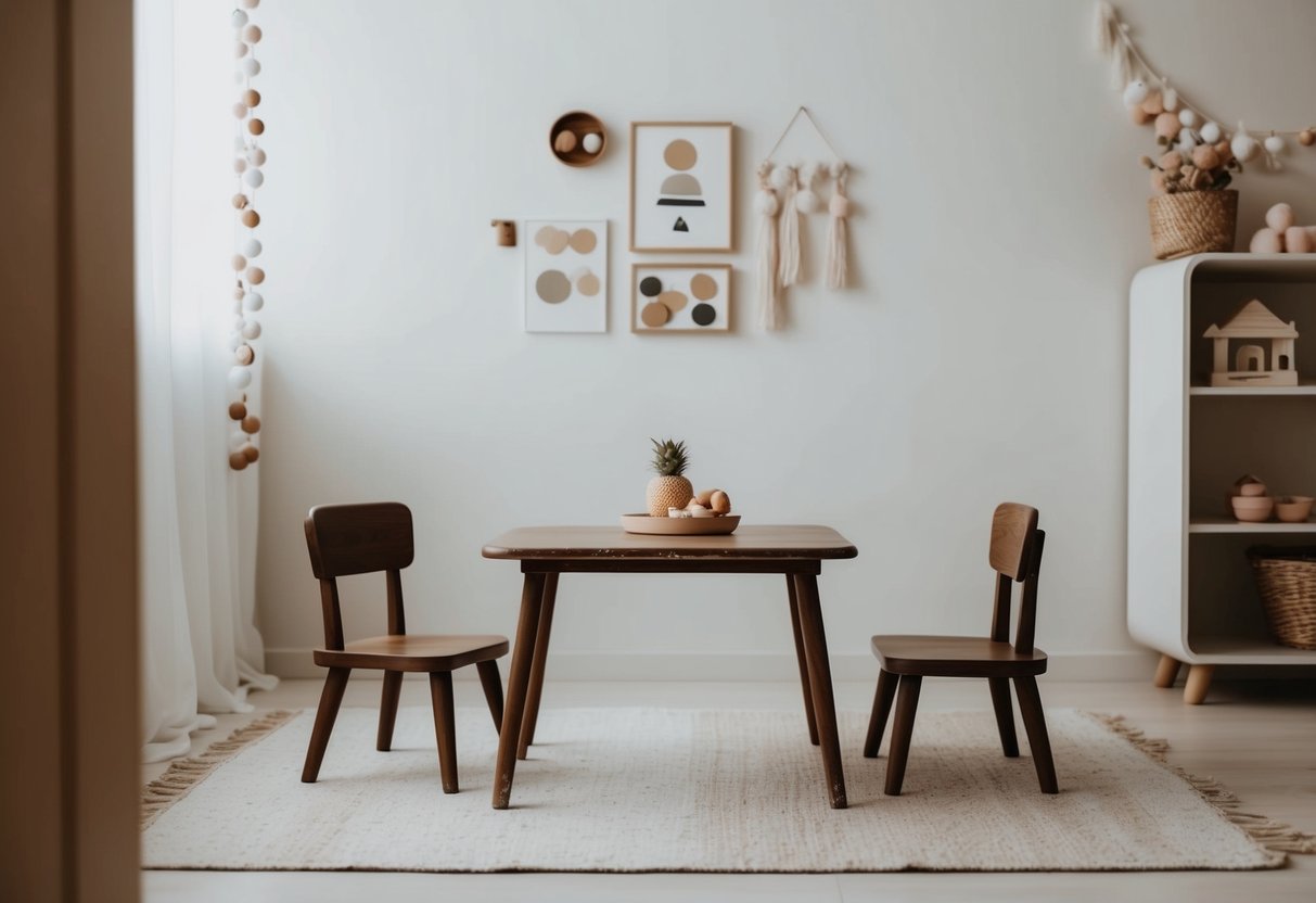 Ein Vintage-Kinderstuhl umgeben von minimalistischer Dekoration in einem ruhigen und aufgeräumten Kinderzimmer