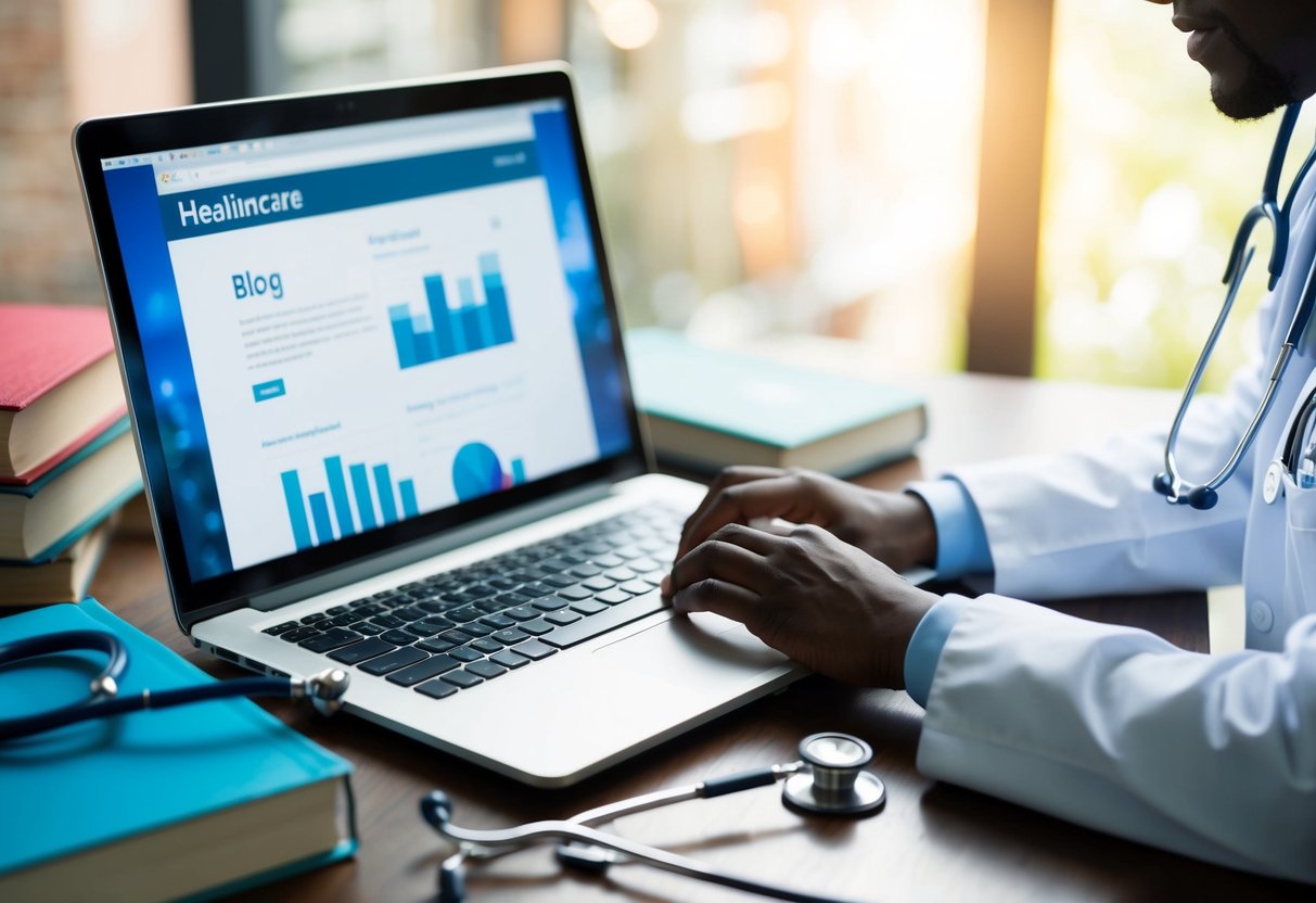 A healthcare professional typing on a laptop, surrounded by medical books and a stethoscope, with a blog page displayed on the screen