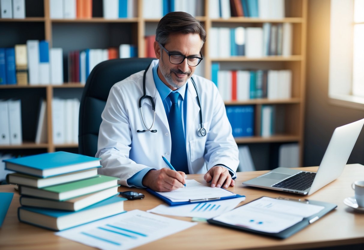 A doctor writing a blog post at a desk, surrounded by medical books and research papers, with a laptop and a cup of coffee