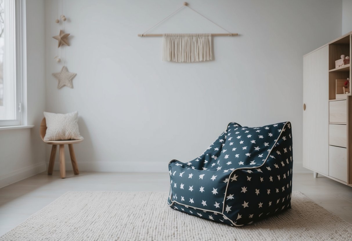 Ein minimalistisches Kinderzimmer mit einem sternenmusternden Sitzsack als Blickfang.