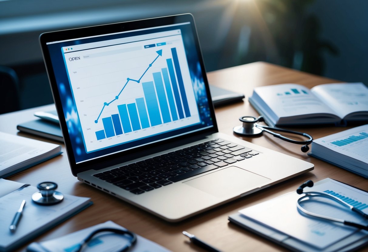 A laptop open on a desk, surrounded by medical journals and a stethoscope. A graph showing an upward trend is displayed on the screen