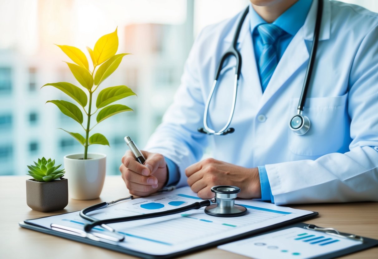 A healthcare blog with a stethoscope, medical chart, and plant symbolizing growth and engagement strategies