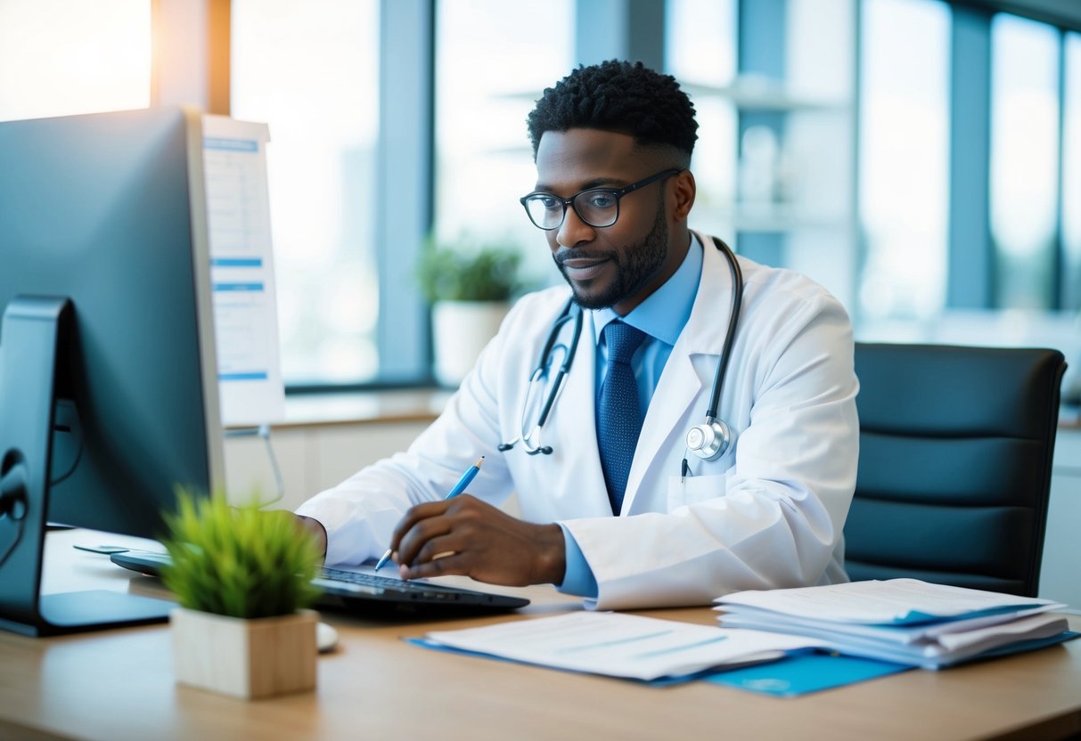 A doctor writing a blog post at a desk with medical charts and a computer