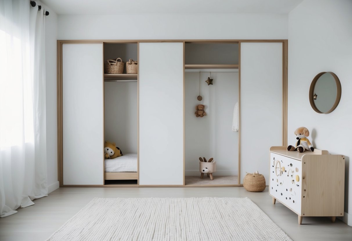 Ein minimalistisches Kinderzimmer mit einem Schiebetürenkleiderschrank. Klare Linien und einfache Dekoration schaffen einen ruhigen und aufgeräumten Raum.