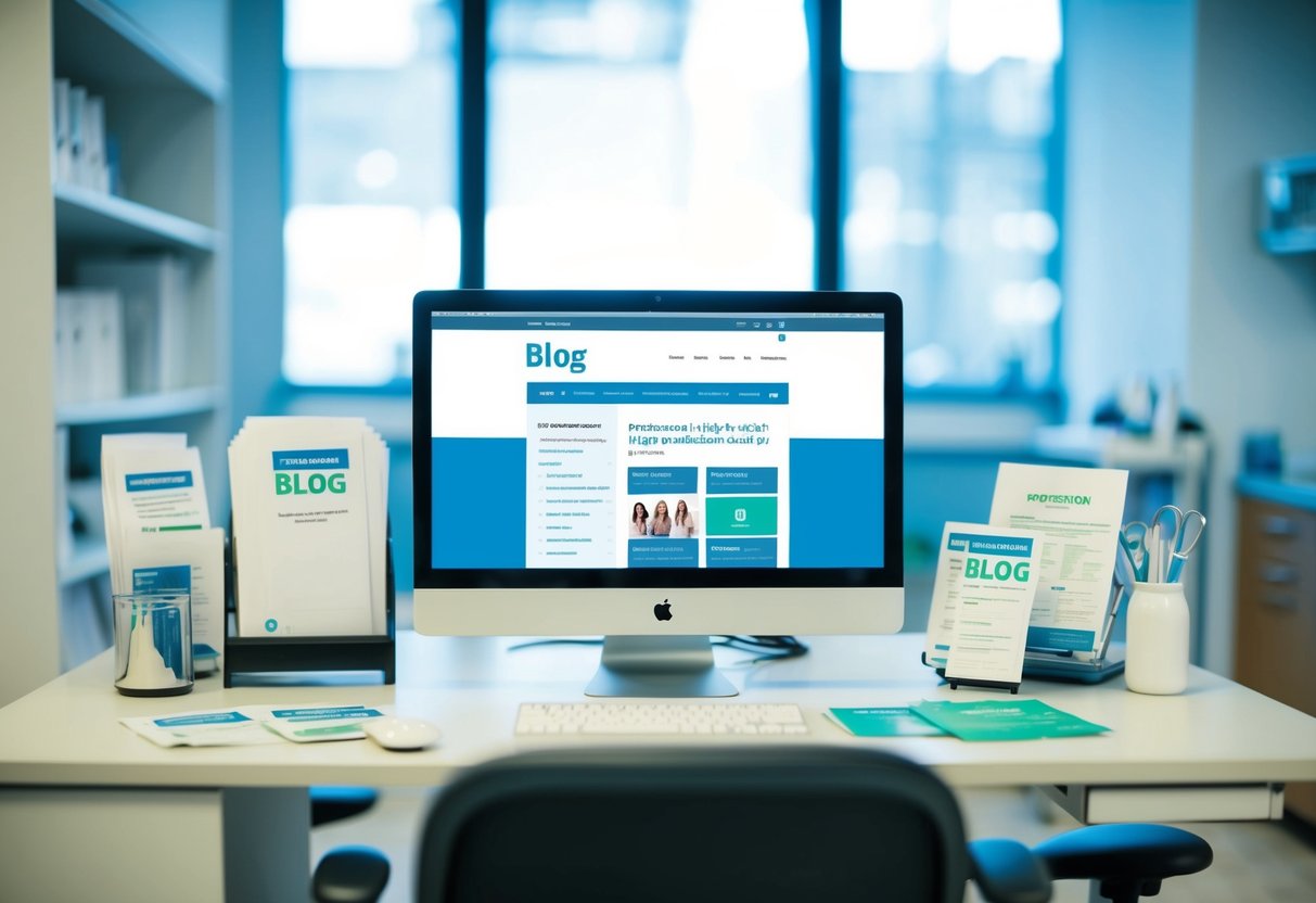 A doctor's office with a computer displaying a blog page, surrounded by medical equipment and pamphlets