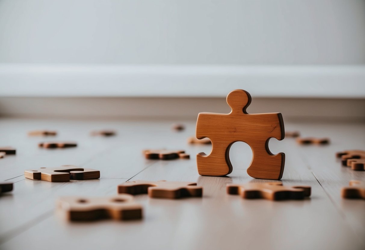 Ein Holzpuzzle verstreut auf dem Boden eines minimalistischen Kinderzimmers