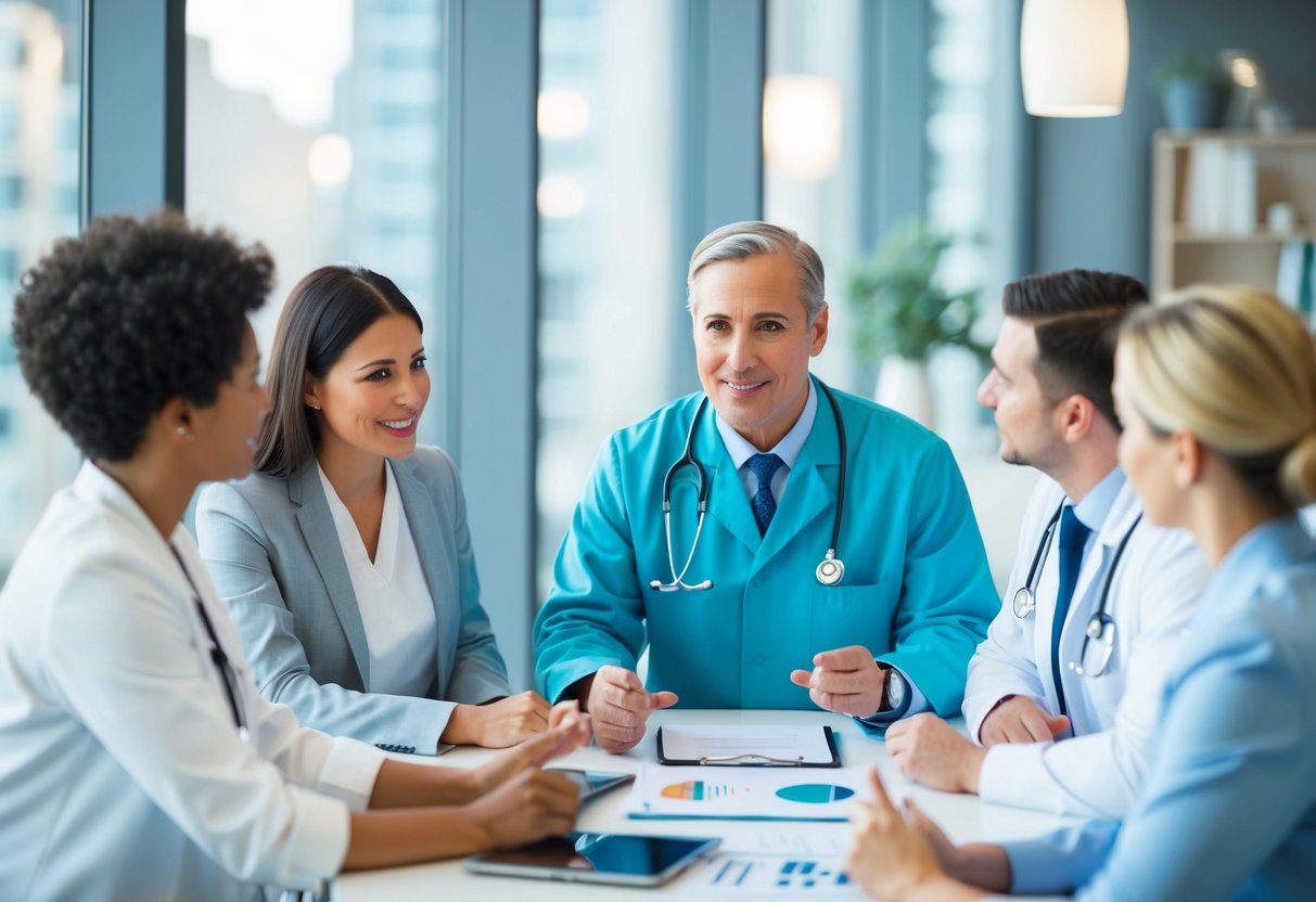 A healthcare provider discussing content strategy with a team, brainstorming ideas and creating a plan for online marketing