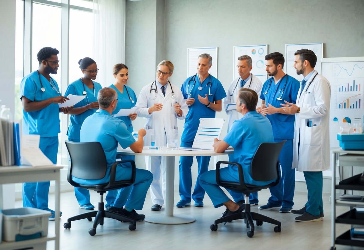 A group of healthcare providers discussing and brainstorming around a table, with charts, graphs, and medical equipment scattered around the room