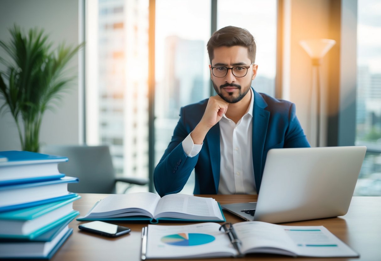 A person sitting at a desk, surrounded by medical journals and a laptop, pondering the decision to hire a content management company for healthcare blogs