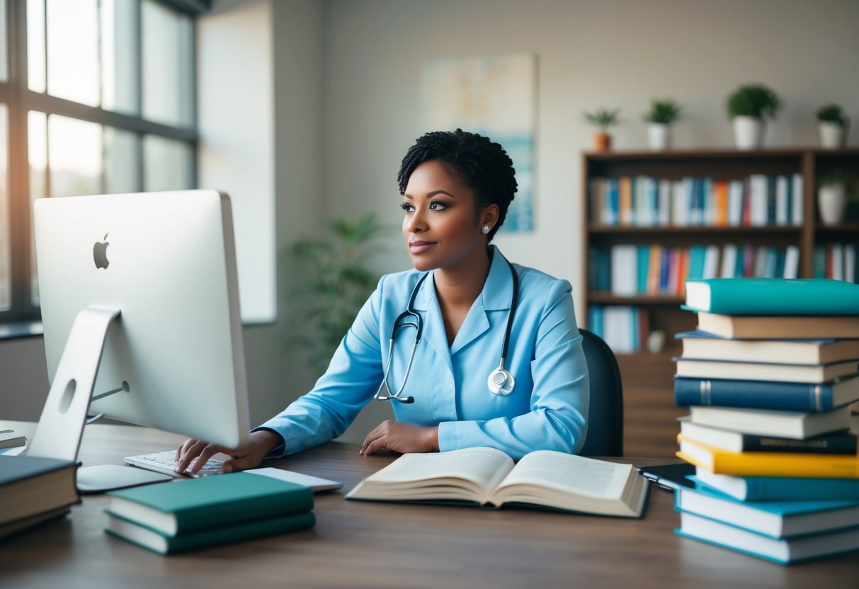 A person sitting at a desk, surrounded by medical textbooks and a computer, contemplating whether to hire a content management company for healthcare blogs