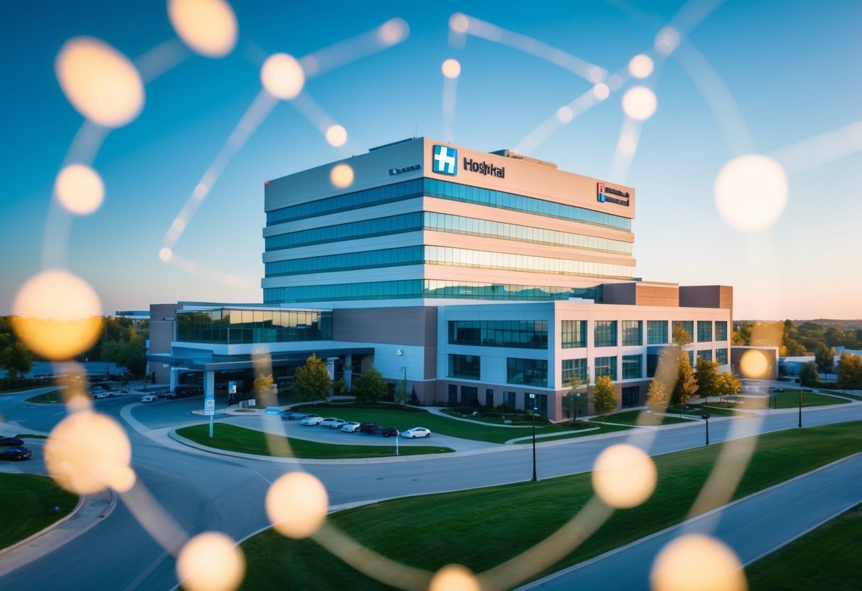 A hospital building with a prominent logo, surrounded by a network of interconnected digital devices and platforms