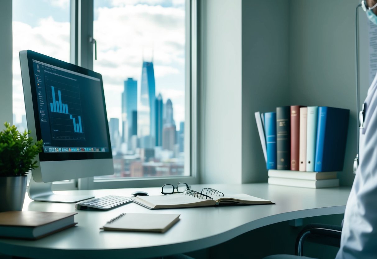 A doctor's office with a computer, medical books, and a notepad. An open window shows a city skyline