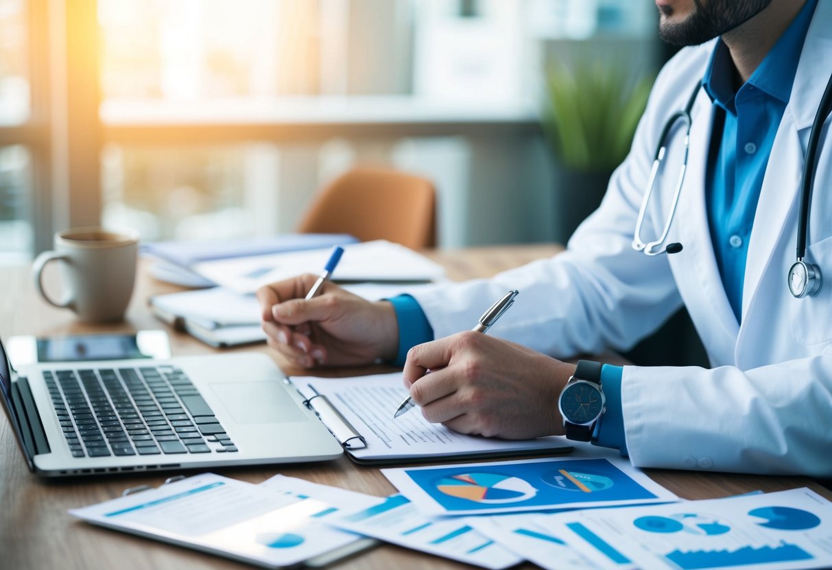 A healthcare blog being written by a content management company, with medical imagery and research materials scattered across a desk