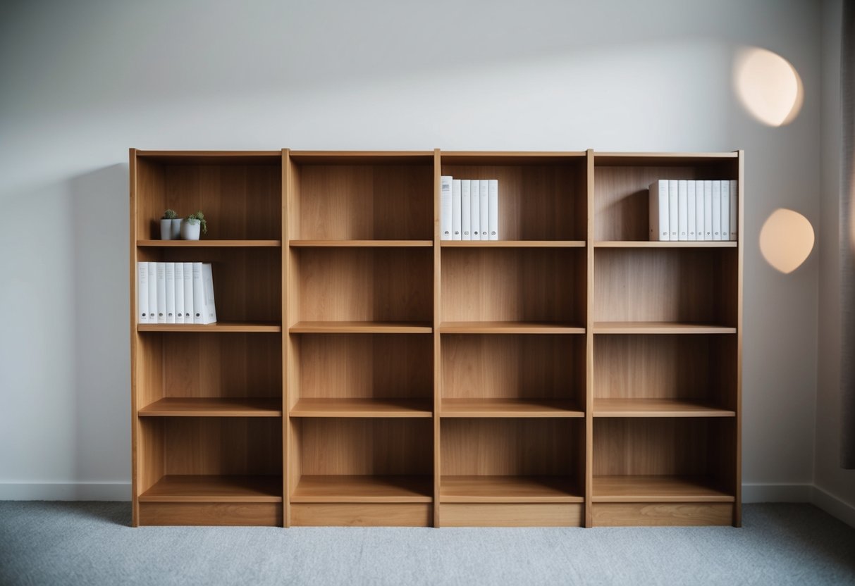 Ein skandinavisches Bücherregal aus Holz mit 15 minimalistischen Regalen