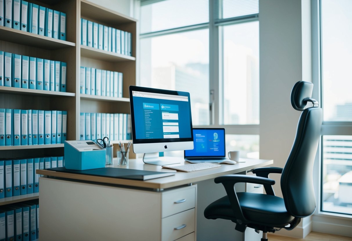 A doctor's office with a neatly organized desk, shelves of medical books, and a computer displaying a content style guide