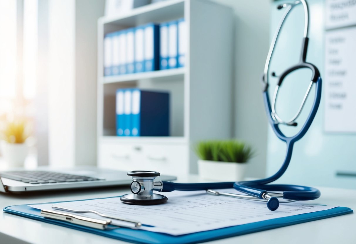 A doctor's stethoscope and a medical chart on a clean, organized desk in a modern healthcare office