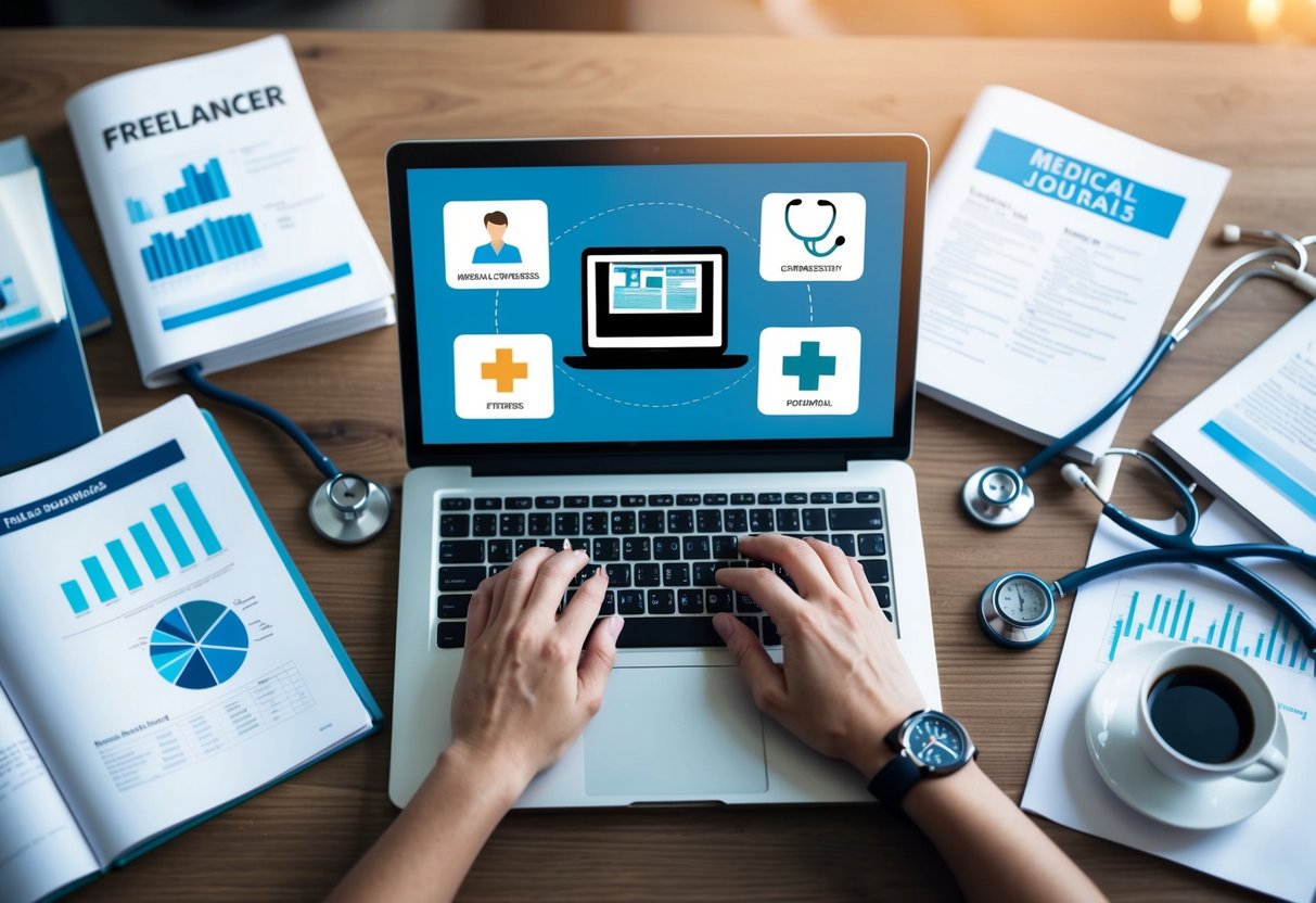 A freelancer typing on a laptop, surrounded by medical journals and research papers, with a stethoscope and a cup of coffee on the desk