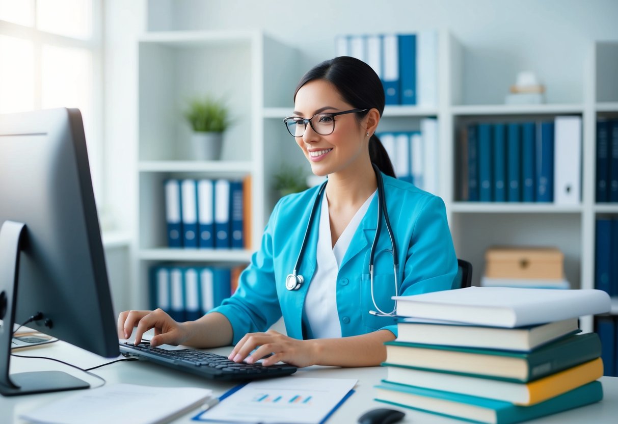 A freelance healthcare writer researching and typing at a desk, surrounded by medical reference books and a computer