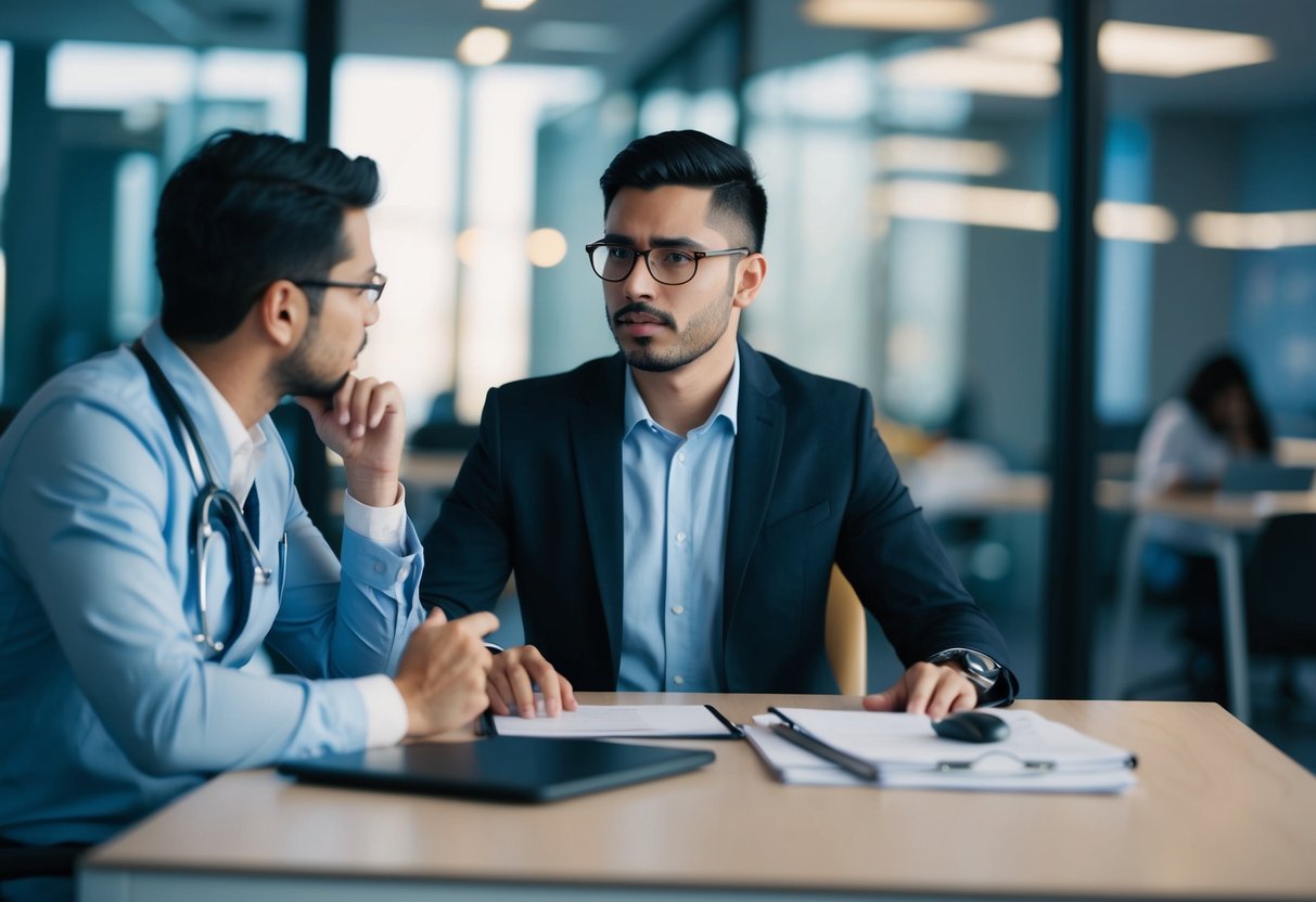 A person sitting at a desk, pondering between two options: a freelancer on one side and a healthcare institution on the other