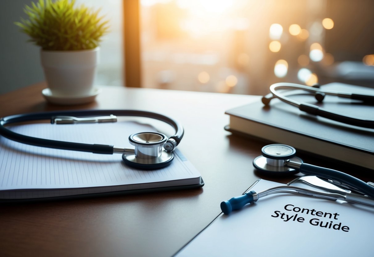 A doctor's stethoscope and medical tools laid out neatly on a desk, alongside a notebook with a labeled "Content Style Guide."