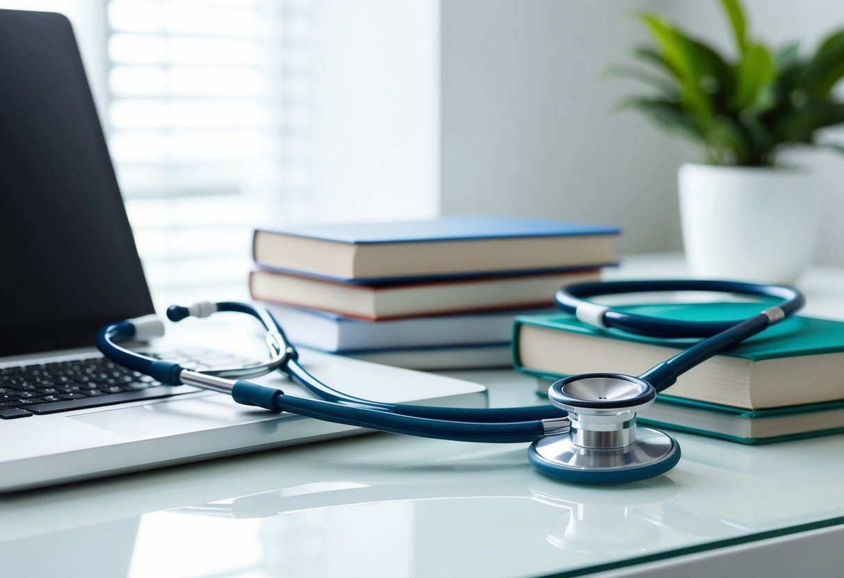 A stethoscope and a laptop on a clean, organized desk, with a stack of medical books and a plant in the background