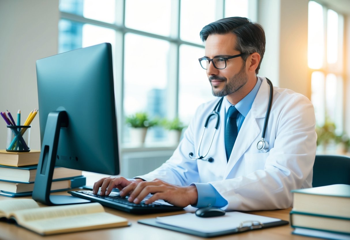 A doctor typing on a computer, surrounded by medical books and a calendar, pondering a posting schedule for their healthcare blog