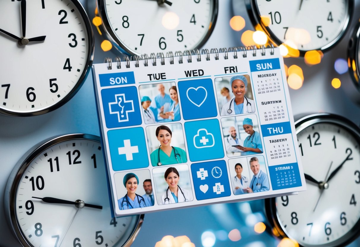 A calendar with healthcare-related images and symbols, surrounded by various clock faces showing different times and days of the week