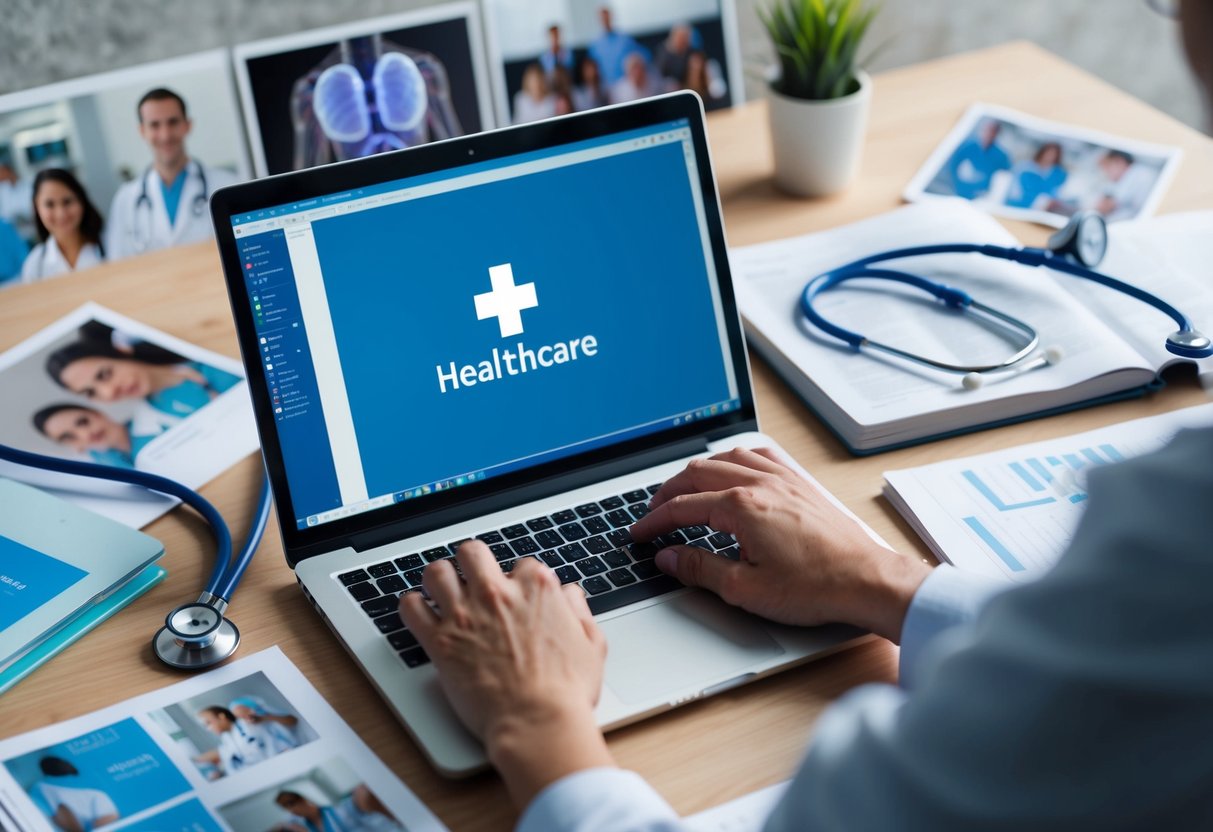 A person typing on a laptop with a stethoscope and medical books nearby, surrounded by healthcare-related images and articles