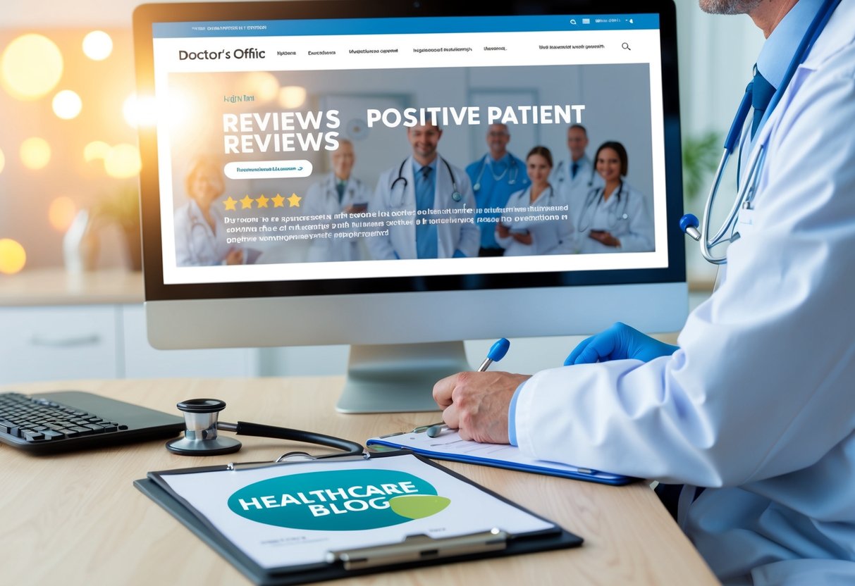 A doctor's office with a computer screen showing positive patient reviews, a stethoscope, and a clipboard with a healthcare blog logo