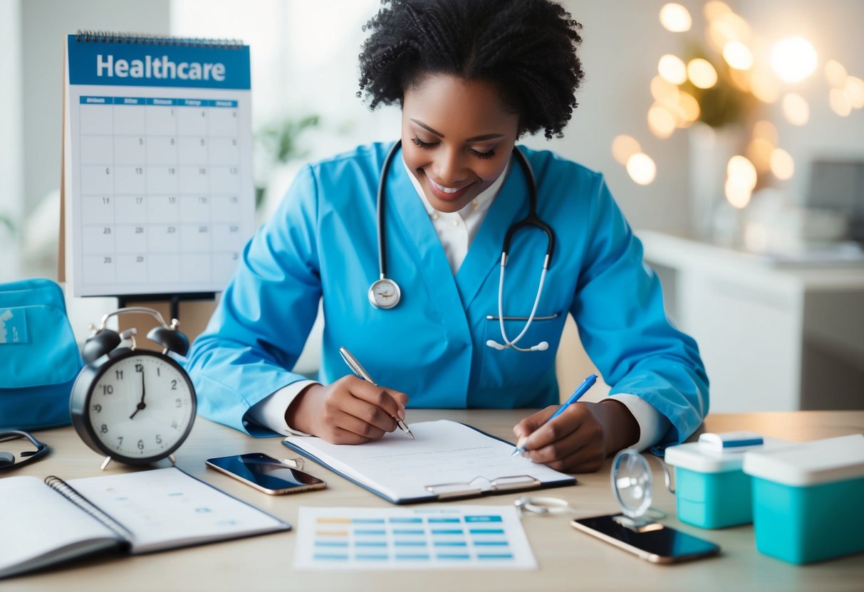 A person writing in a healthcare blog surrounded by a calendar, clock, and various medical items