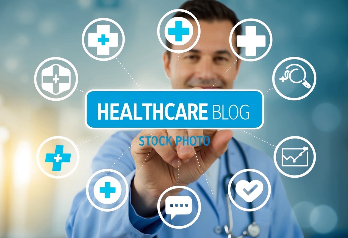 A healthcare blog logo being surrounded by various medical symbols and positive feedback icons