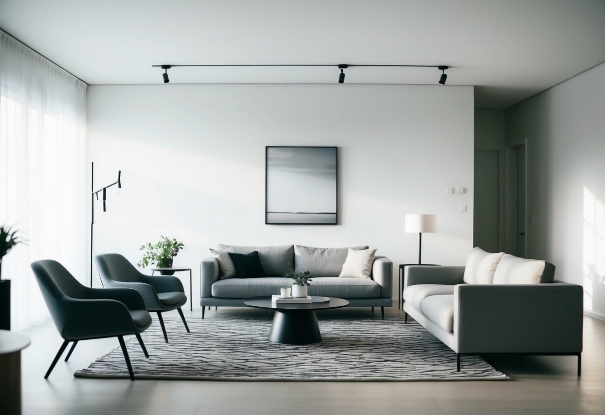 Ein minimalistisches Wohnzimmer mit einem Leinen-Teppich von Urbanara Hira 17 als Blickfang, umgeben von modernen Möbeln und klaren Linien.