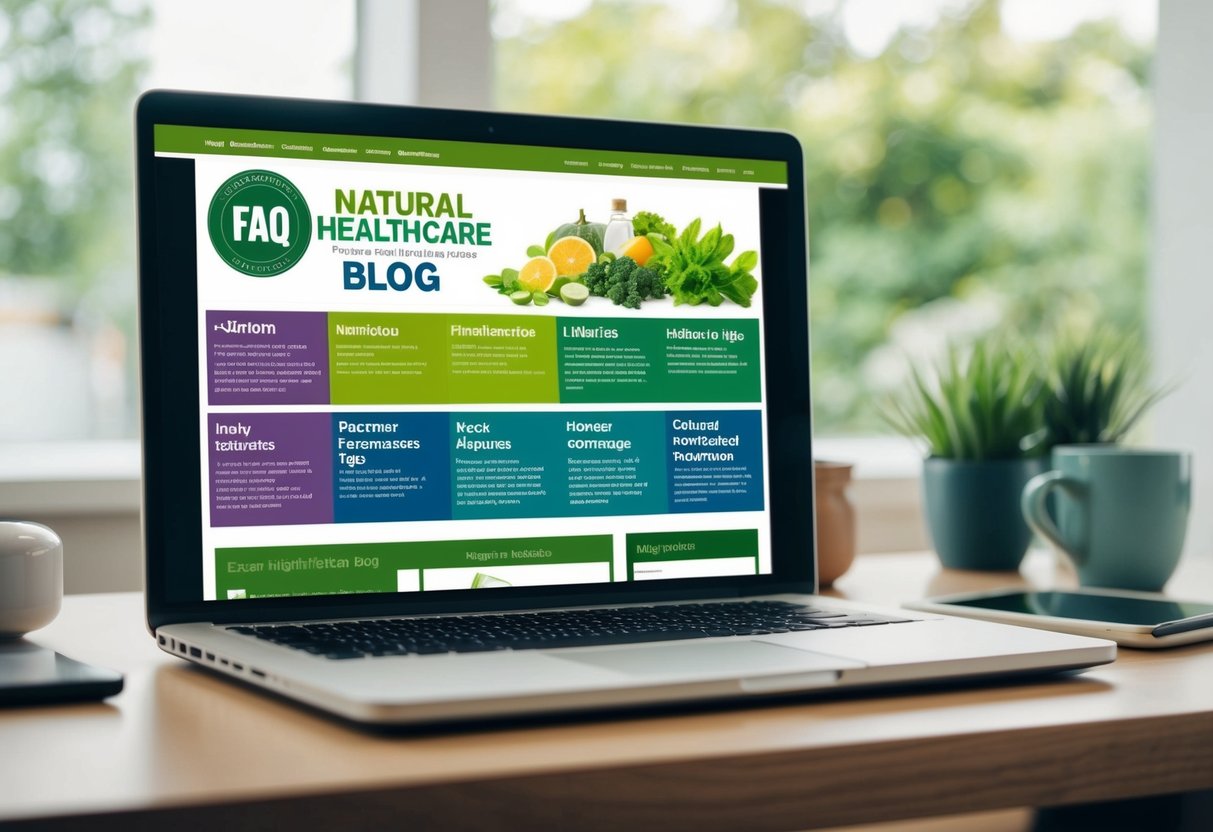 A natural healthcare blog with an FAQ section showing various topics such as nutrition, herbal remedies, and lifestyle tips, providing clear and accurate information to readers