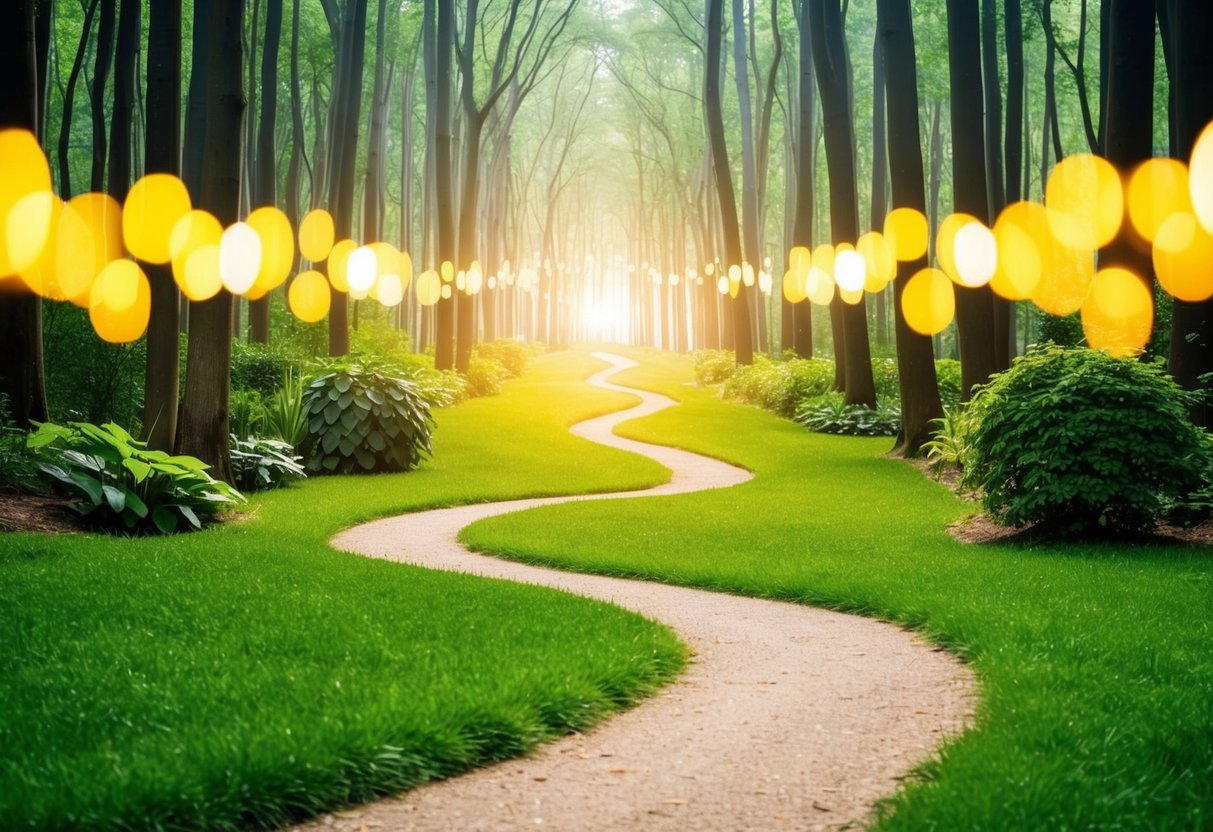 A serene forest with a winding path leading to a glowing, vibrant garden, symbolizing the importance of a captivating introduction for a natural healthcare blog